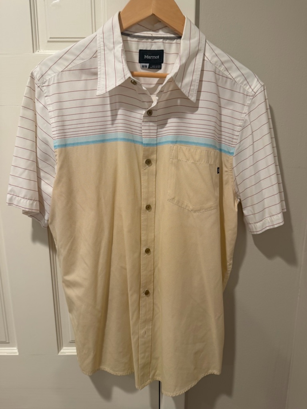 Marmot Short Sleeve Button-Down Shirt in White, Tan and Blue